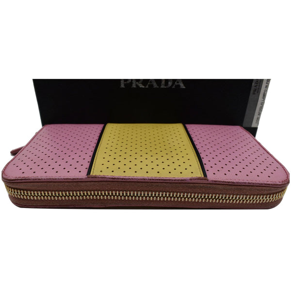 PRADA Striped Perforated Saffiano Leather Zip Around Wallet Pink/Yellow