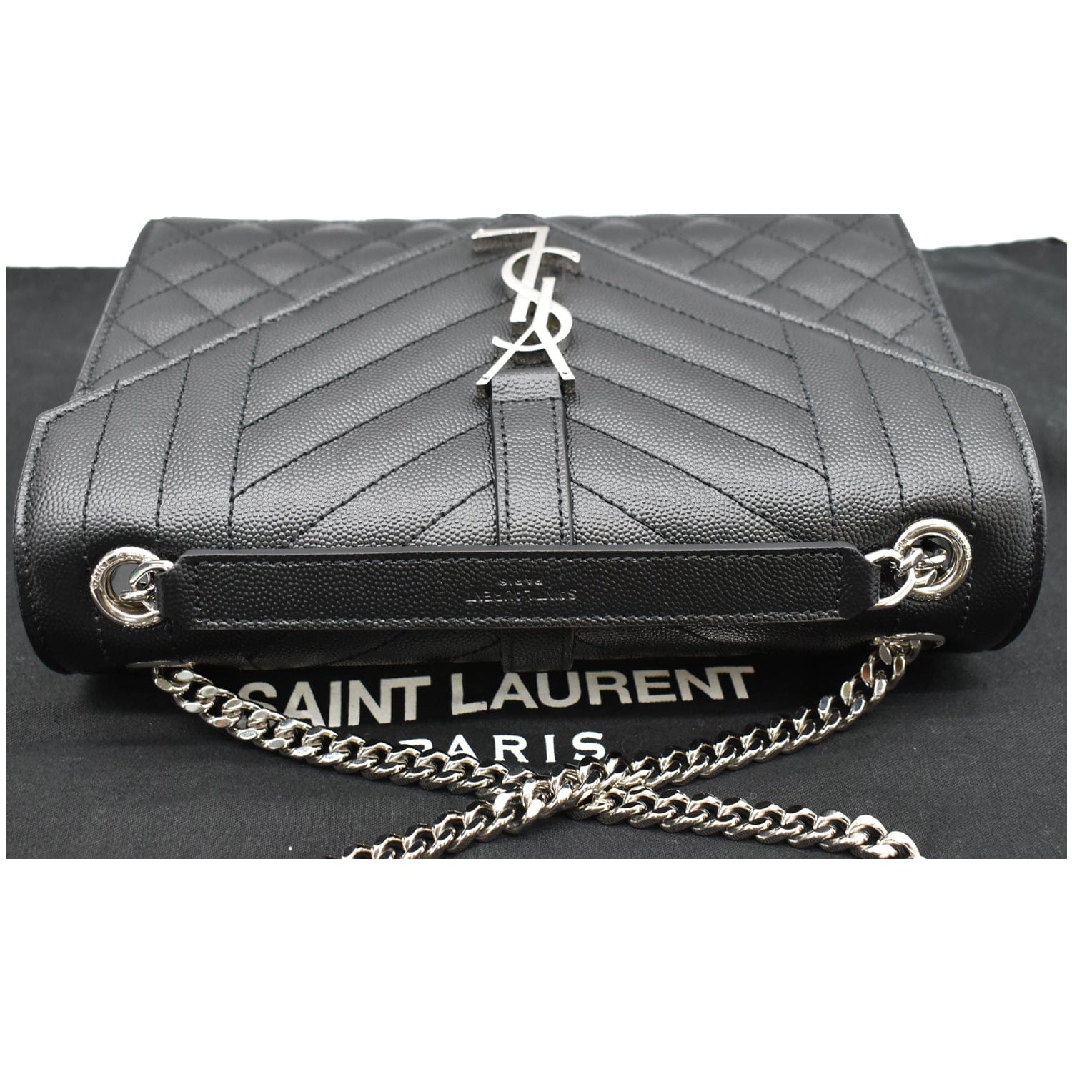 Saint Laurent Envelope Quilted Leather Chain Wallet Black Silver Hardware