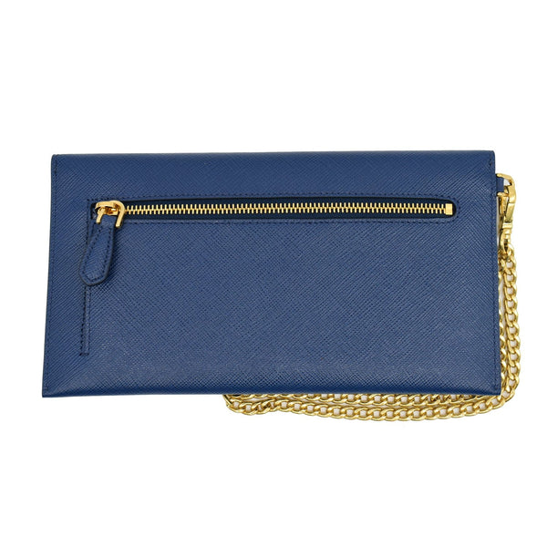 Prada Envelope Leather Chain Clutch Blue - outside zip