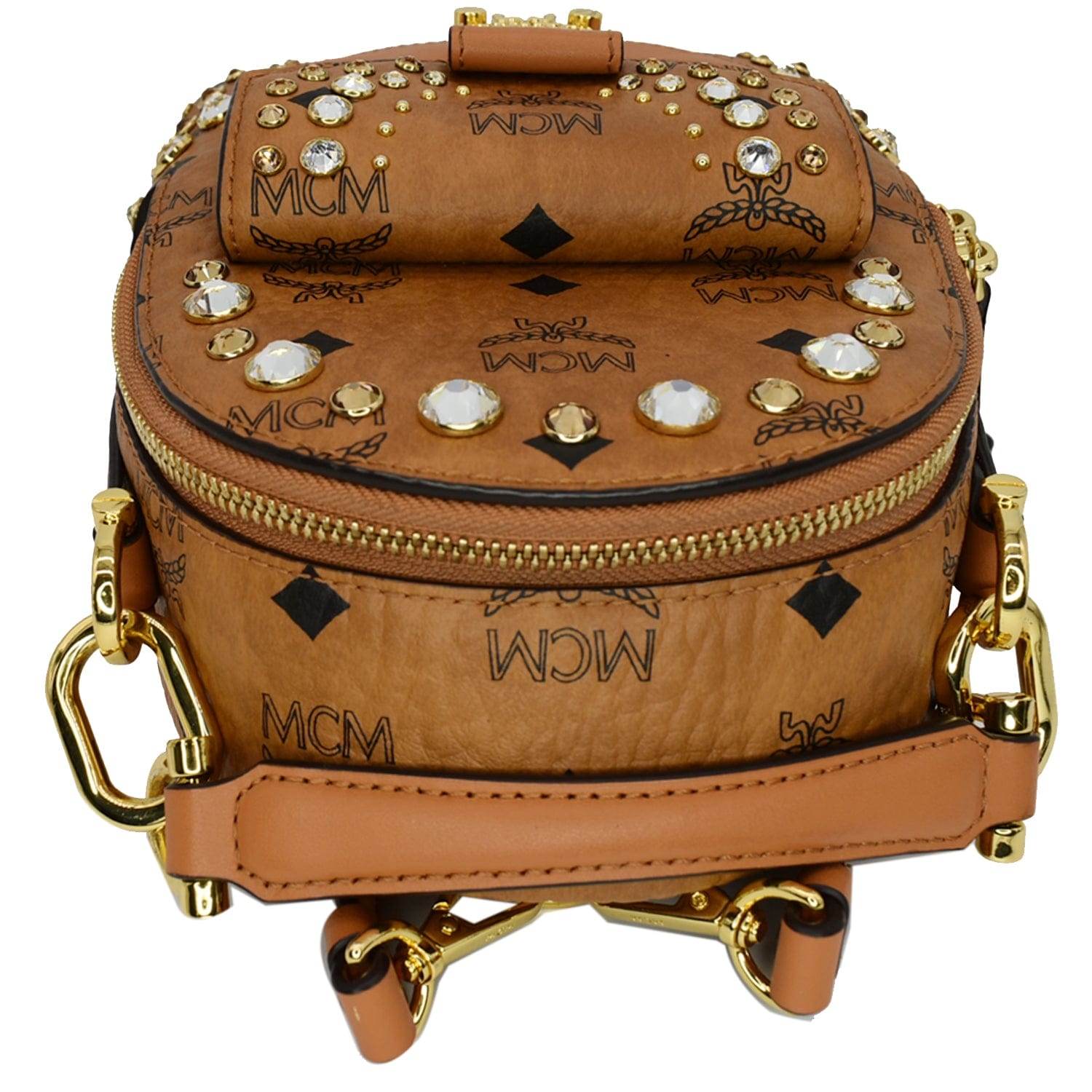 harga mcm mini backpack MCM Crystal Visetos Mini Nappa Leather Backpack Bag Cognac