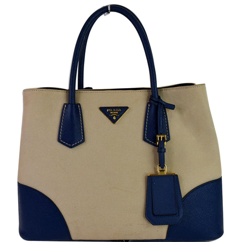 PRADA Galliera Two Tone Leather Tote Bag Blue/Tan
