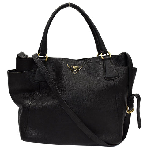 PRADA Vitello Daino Side-Pocket Leather Tote Shoulder Bag Black