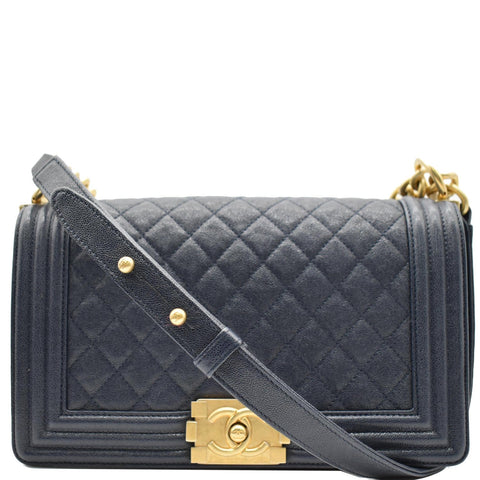 CHANEL Medium Boy Flap Quilted Leather Shoulder Bag Navy Blue