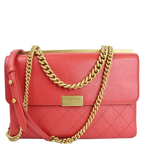 CHANEL Coco Luxe Medium Flap Lambskin Shoulder Bag Red