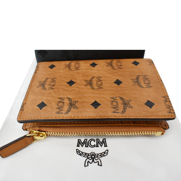 MCM Bifold Visetos Leather Zip Card Wallet Cognac