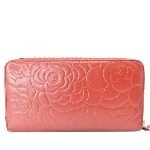 CHANEL Zippy Camellia Embossed Leather Wallet Red