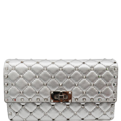 VALENTINO Rockstud Spike Nappa Leather Clutch Bag Metallic Silver