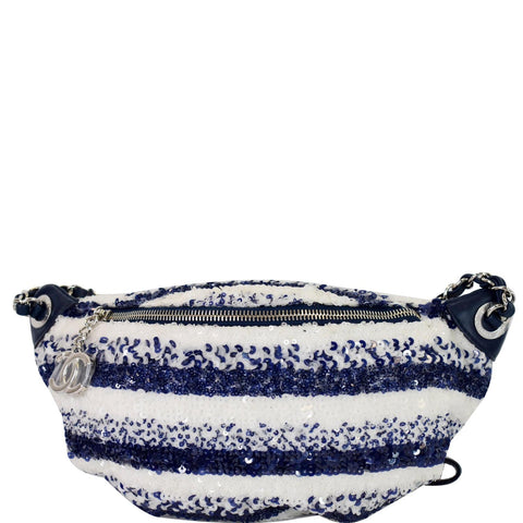 CHANEL Sequin Fanny Pack Leather Waist Bag Blue/White