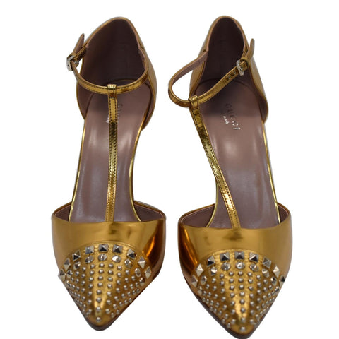 GUCCI Studded T-Strap Metallic Leather Heel Pumps Gold Size 39 1/2
