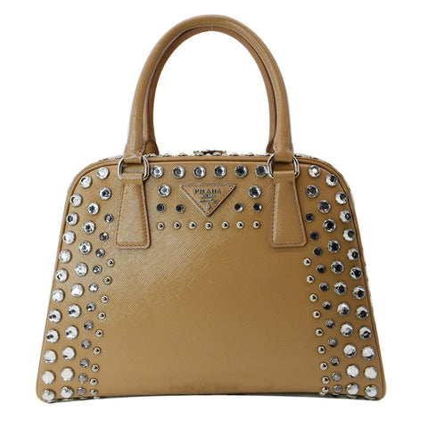 PRADA Vernice Crystal Small Frame Studded Saffiano Leather Top Handle Bag Beige
