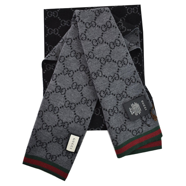 GUCCI Web GG Jacquard Knitted Scarf Wool Silk Grey