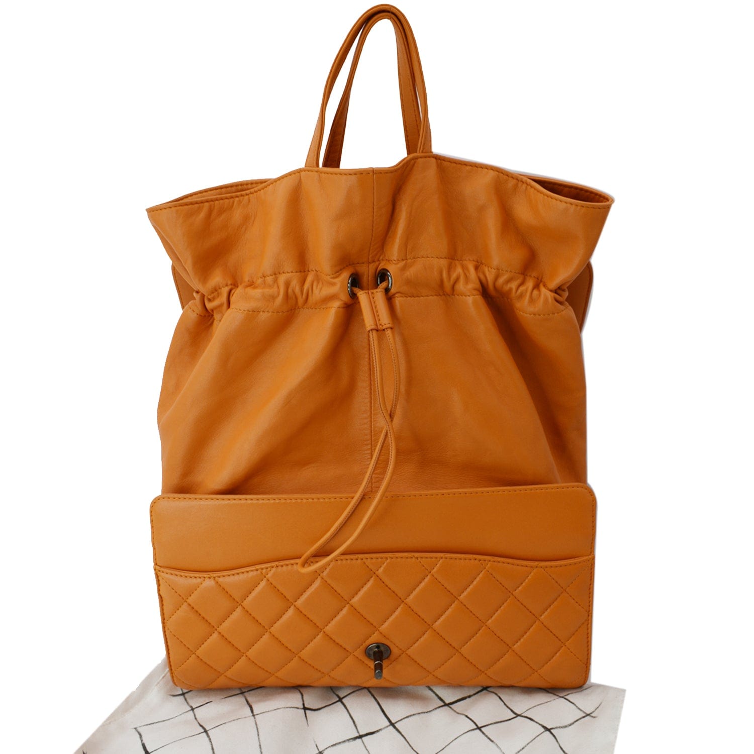 CHANEL Lambskin Quilted Jumbo Grocery By Chanel Drawstring Shopping Bag  Orange 731671