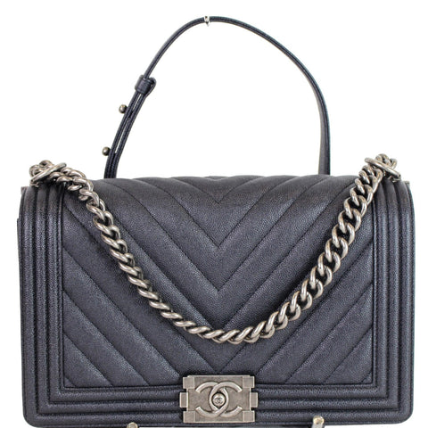 Chanel Boy New Medium Chevron Caviar Shoulder Bag Navy