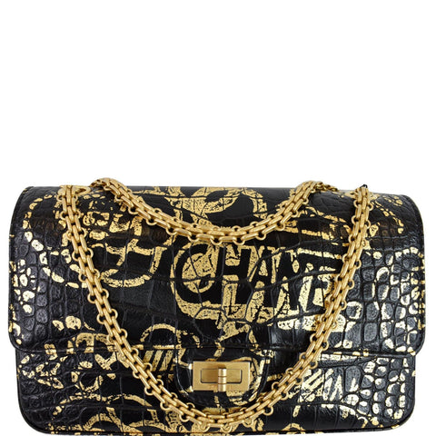 CHANEL Reissue 2.55 Flap Crocodile Embossed Graffiti Shoulder Bag Black