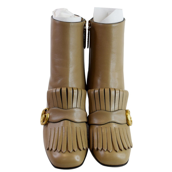GUCCI GG Marmont Fringed Leather Ankle Boots Taupe 408210 US 8