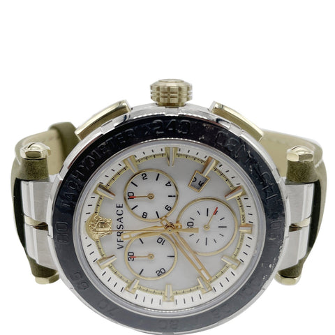 VERSACE Greca Chronograph Leather Date Watch Silver Dial 45MM