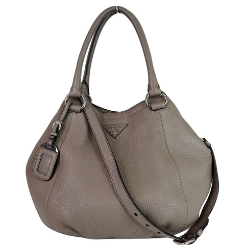 PRADA Vitello Daino Leather Tote Crossbody Bag Taupe BN2792