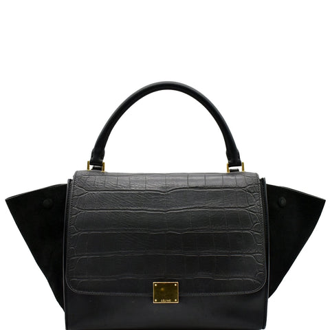 CELINE Trapeze Medium Croc Tote Shoulder Bag Black