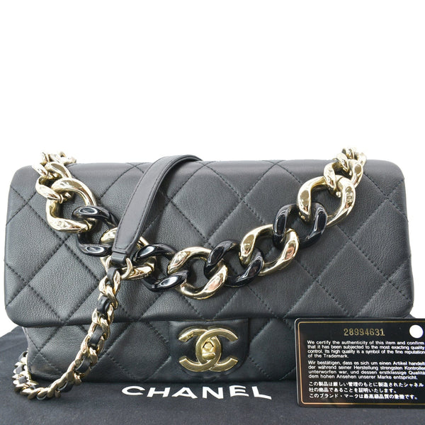 CHANEL Elegant Resin Double Chain Flap Lambskin Shoulder Bag Black