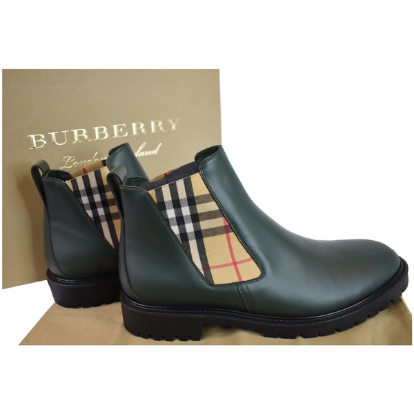 BURBERRY Vintage Check Detail Leather Chelsea Boots Black Size 12
