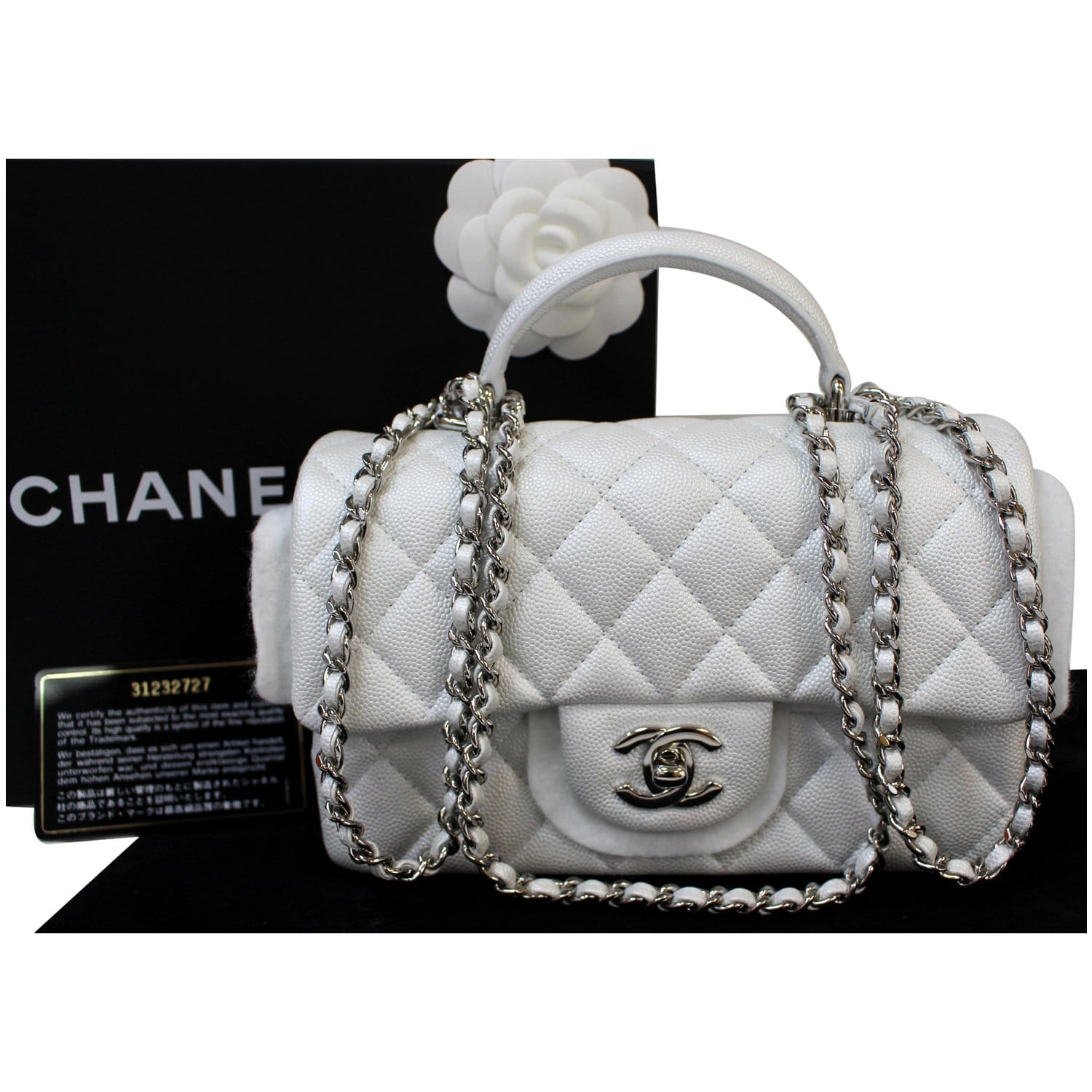 chanel flap bag with top handle white