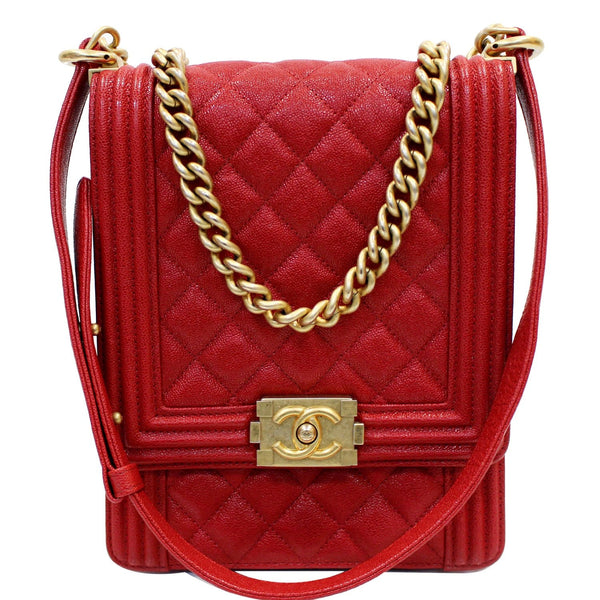 Chanel North South Boy Quilted Caviar Leather Bag Red