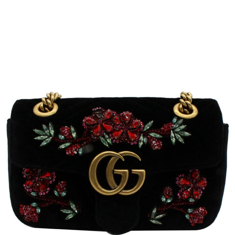 Gucci GG Marmont Floral Gems Mini Velvet Matelasse Embroidered Shoulder Bag Black
