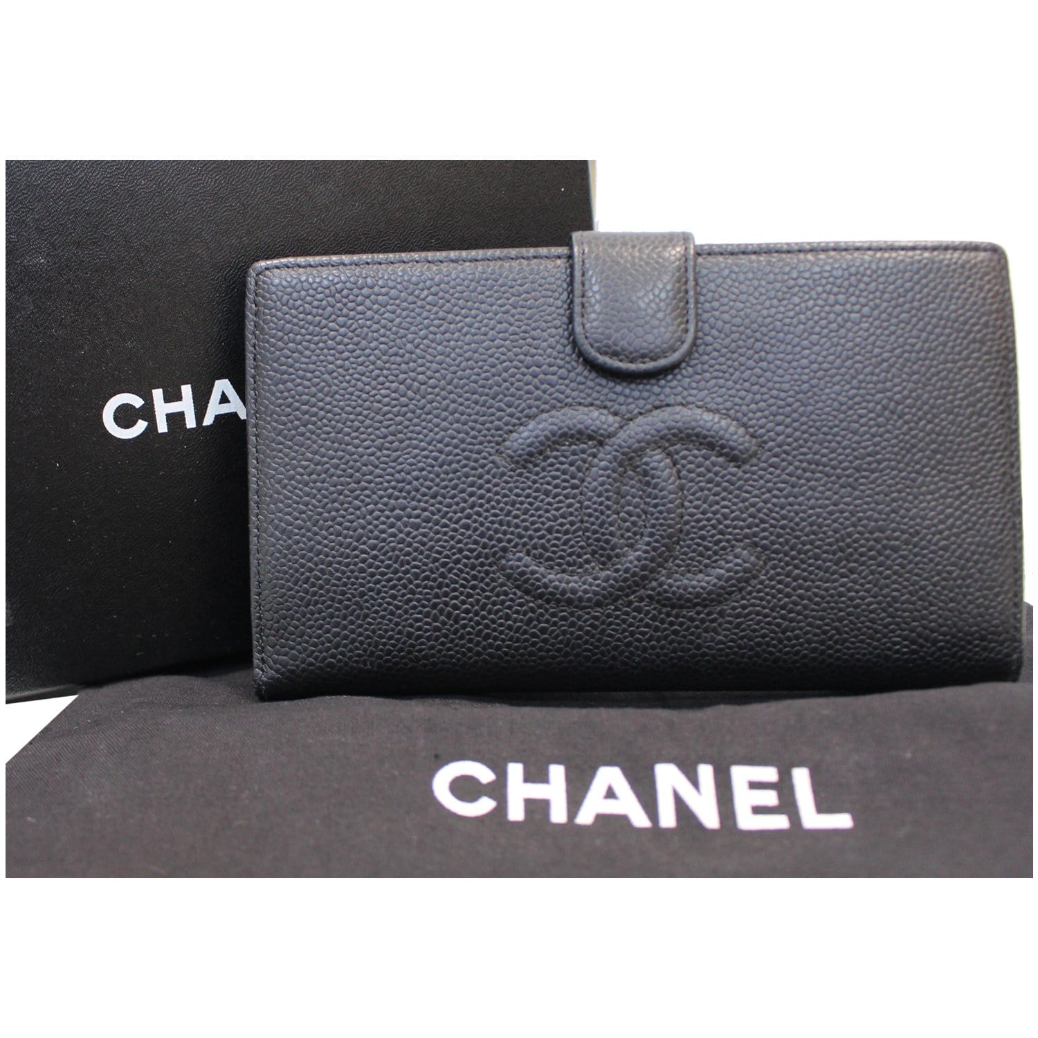 CHANEL Long Bi-Fold Caviar Leather Wallet Black