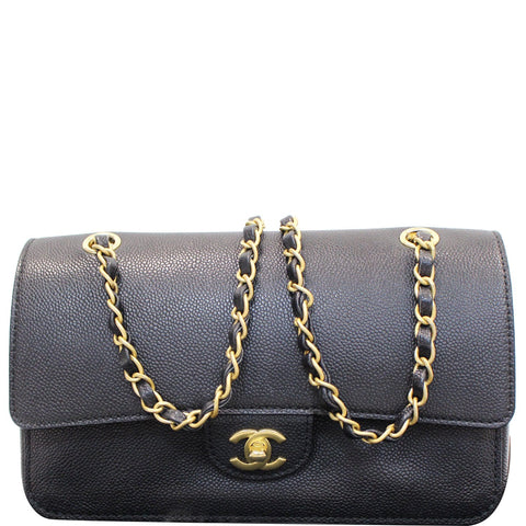 CHANEL Classic Pure Caviar Medium Double Flap Leather Shoulder Bag Black