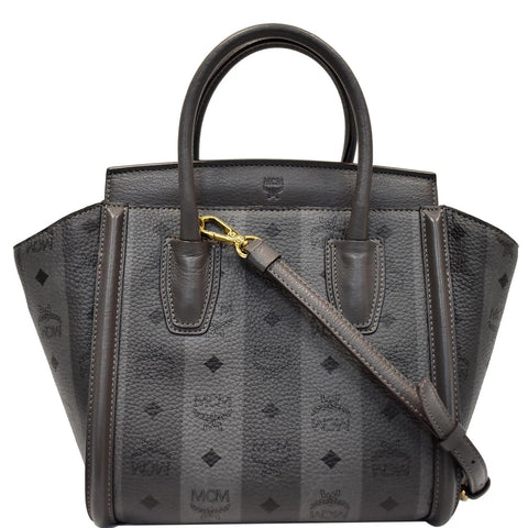 MCM Kathy Visetos Logo Printed Leather Tote Shoulder Bag Grey