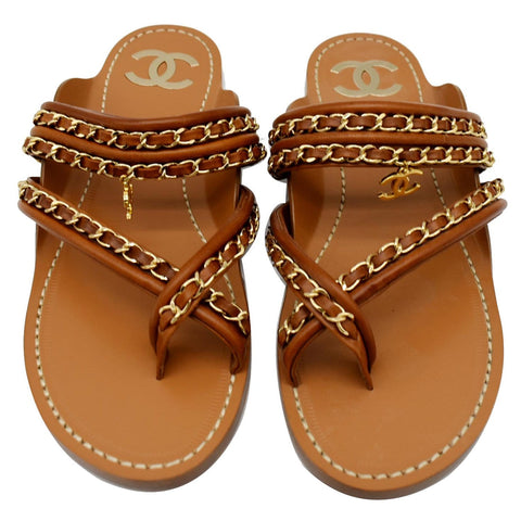 Chanel Thong CC Charm Leather Flat Sandals Brown