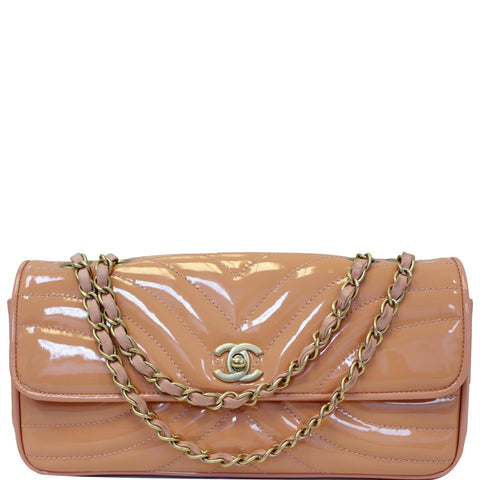 CHANEL Patent Leather Flap Shoulder Bag Peach
