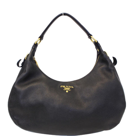 PRADA Vitello Daino Leather Hobo Bag Black