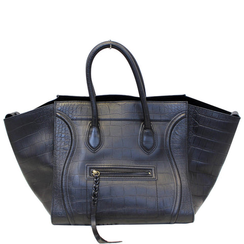 CELINE Medium Phantom Luggage Croc Stamped Embossed Leather Tote Bag Black