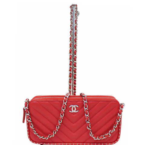CHANEL Chevron Studded with Chain Lambskin Leather Shoulder Crossbody Bag Red