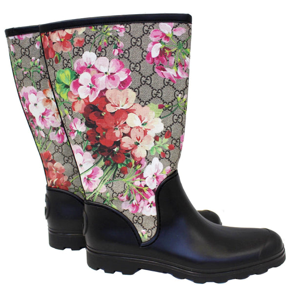 Gucci Flat Rubber Boots GG Supreme Monogram Blooms - left view