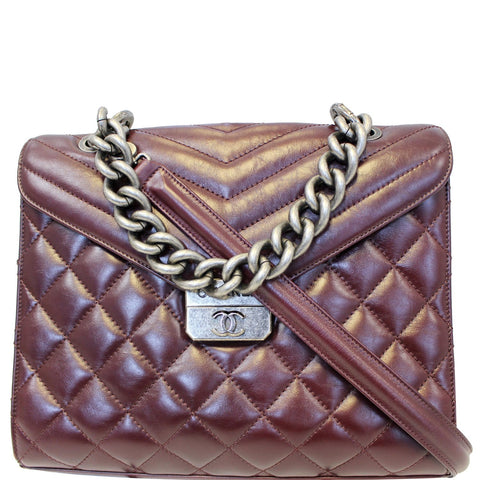 CHANEL Quilted Sheepskin Flap Bag With Handle Shoulder Bag Burgundy