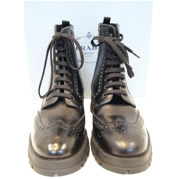 PRADA Combat Biker Lace up Side Zip Leather Ankle Boots Black US 10-US