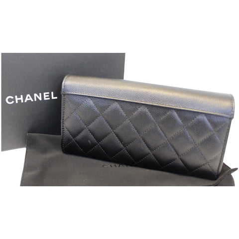 CHANEL Grained Leather Long Flap Wallet Silver-Tone Metal