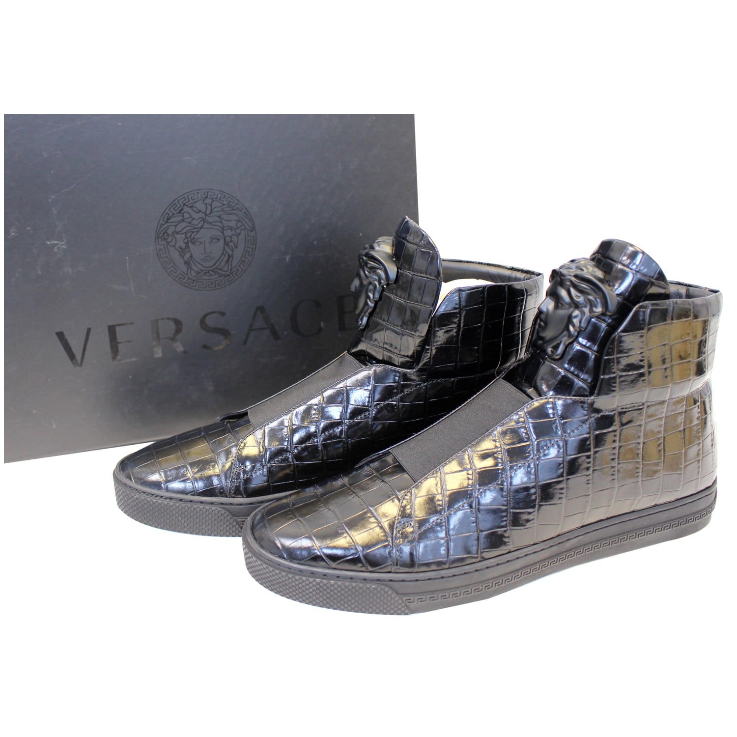 Versace Black Leather Medusa Lace High Top Sneakers Size 42.5