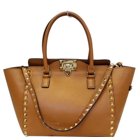 VALENTINO Rockstud Small Double Handle Leather Tote Bag Camel Brown