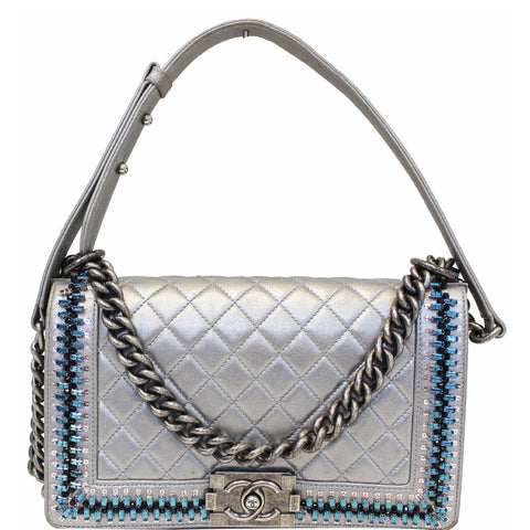 CHANEL Boy Medium Lambskin Leather Embroidered Shoulder Bag Silver - Last Call