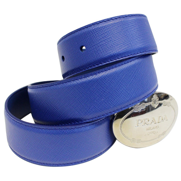 PRADA Round Logo Blue Saffiano Leather Belt Size 40-US