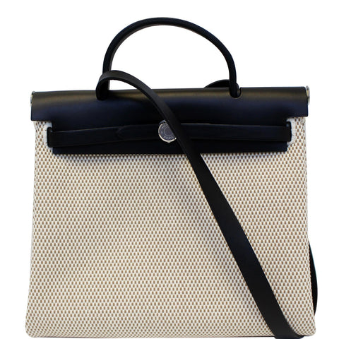 HERMES Herbag PM 30cm Leather Toile Bag Black/Off White