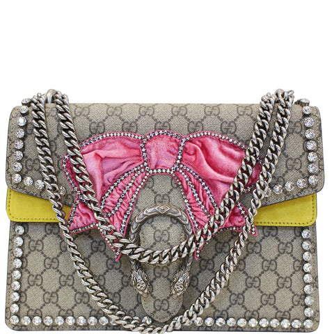 GUCCI Dionysus Medium GG Supreme Embroidered Crystal Bow Shoulder Bag Beige