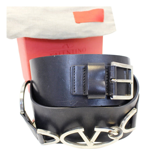 Valentino Logo Black Leather Belt Size 34