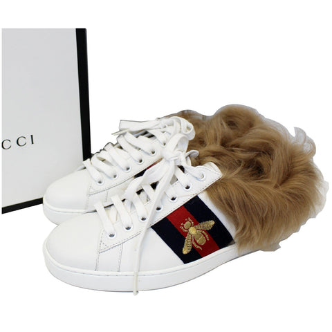 GUCCI New Ace Lamb Fur Lace Up Sneakers White