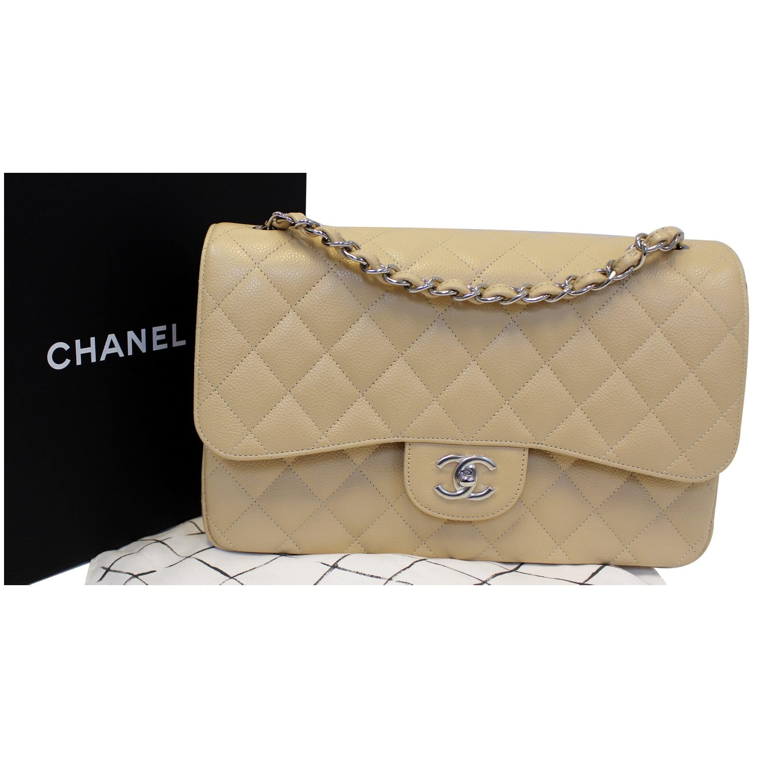 Chanel Beige Clair Caviar Leather Jumbo Classic Flap Bag with Silver HW at  1stDibs