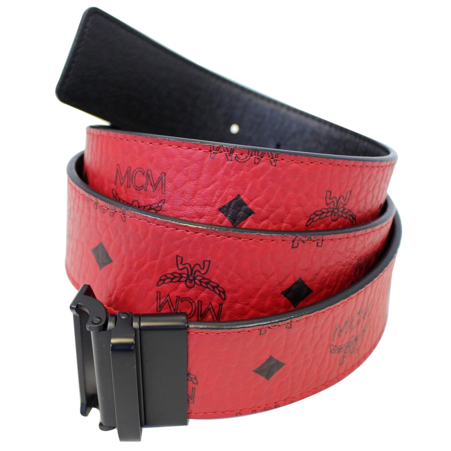 MCM NWT Red Fuchsia & Black Leather Reversible Monogram Belt SZ OS