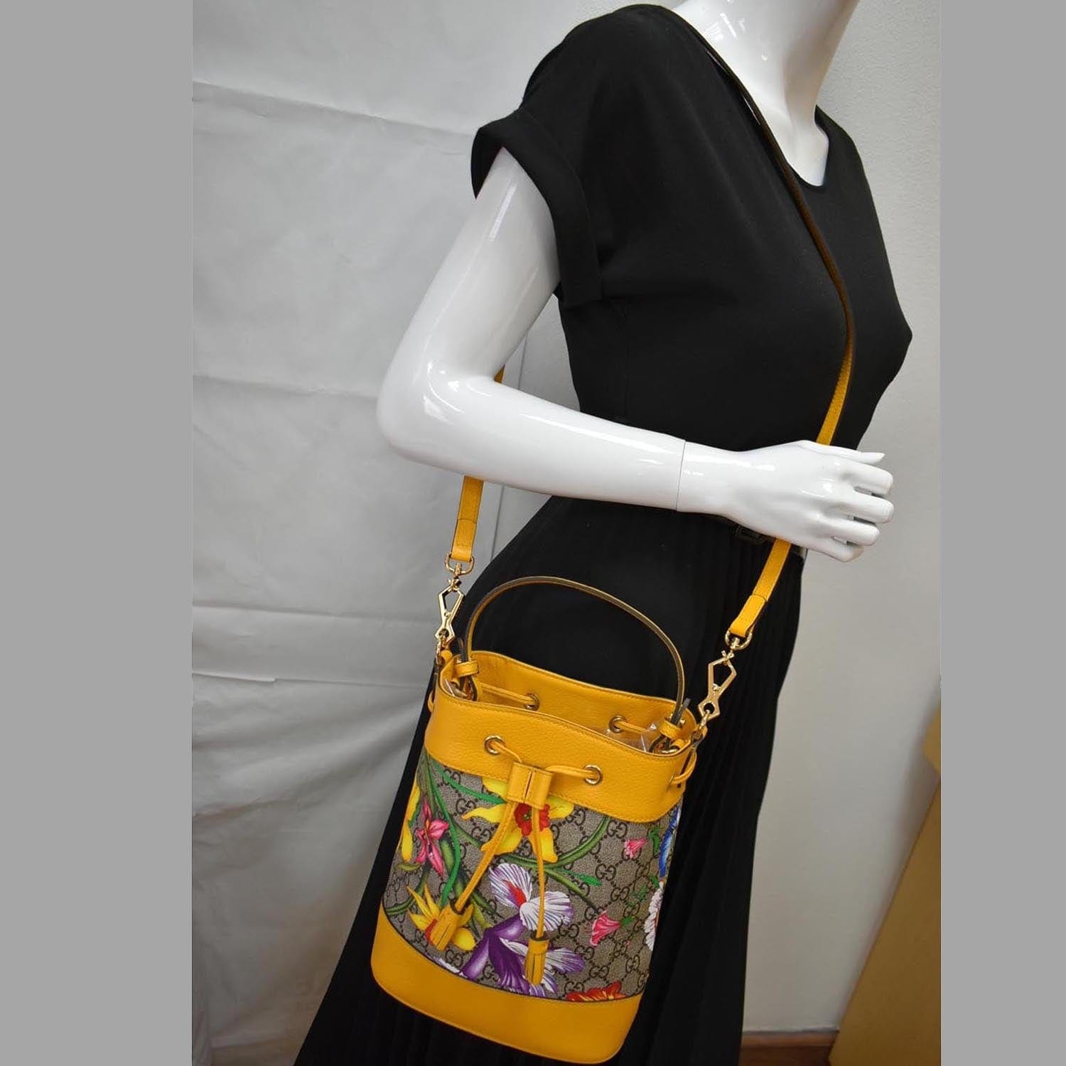 GUCCI Ophidia Flora Small GG Canvas Bucket Bag Yellow 550621